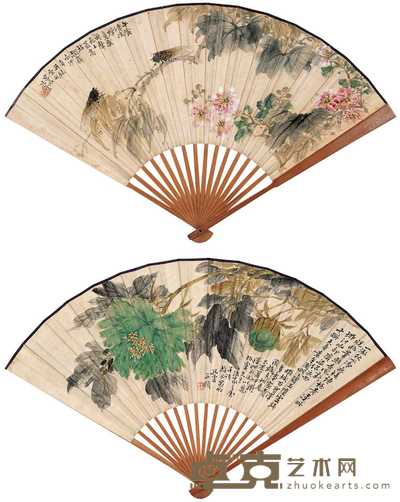 孔云 1945年作 花鸟（二件） 成扇 18×50cm；19×50cm
